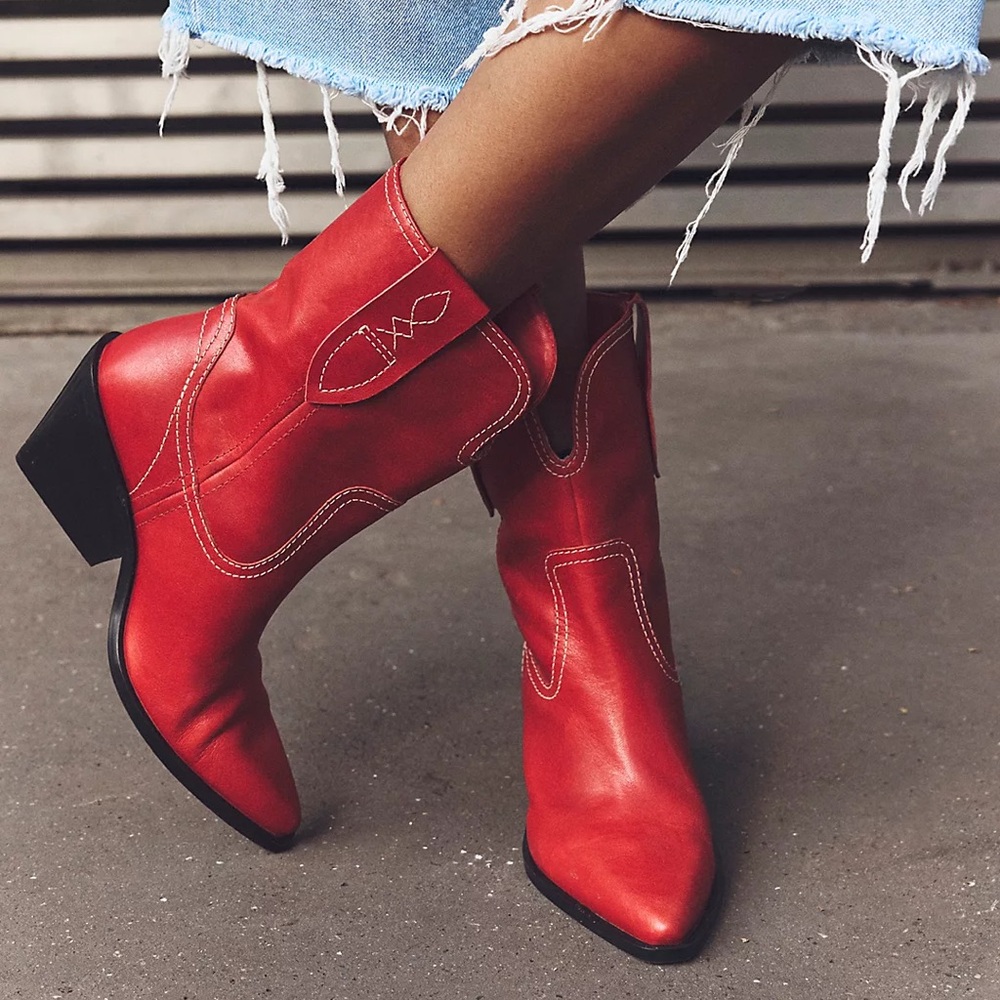 Free People Pitchfork Point Western Boots Red Leather Sz 7.5 NWT